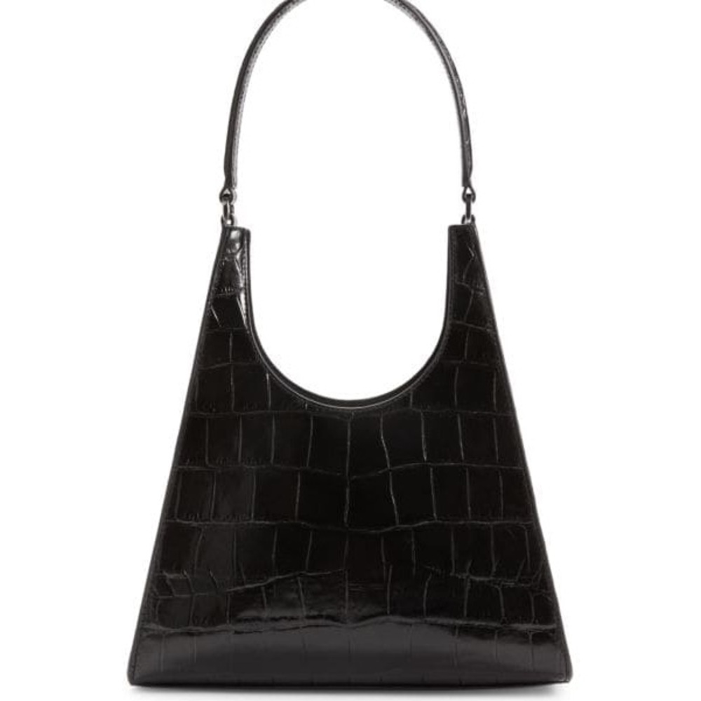 STAUD Black Rey Croc Embossed Leather Shoulder Bag NWT